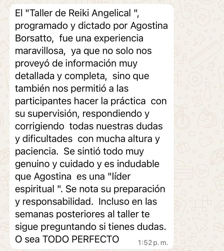 Mensaje de WhatsApp de Matilde después de el Taller de Reiki Angelical con Agostina Borsatto