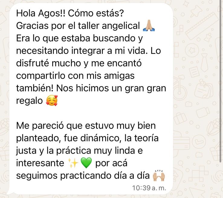Mensaje de WhatsApp de Marianella después de el Taller de Reiki Angelical con Agostina Borsatto
